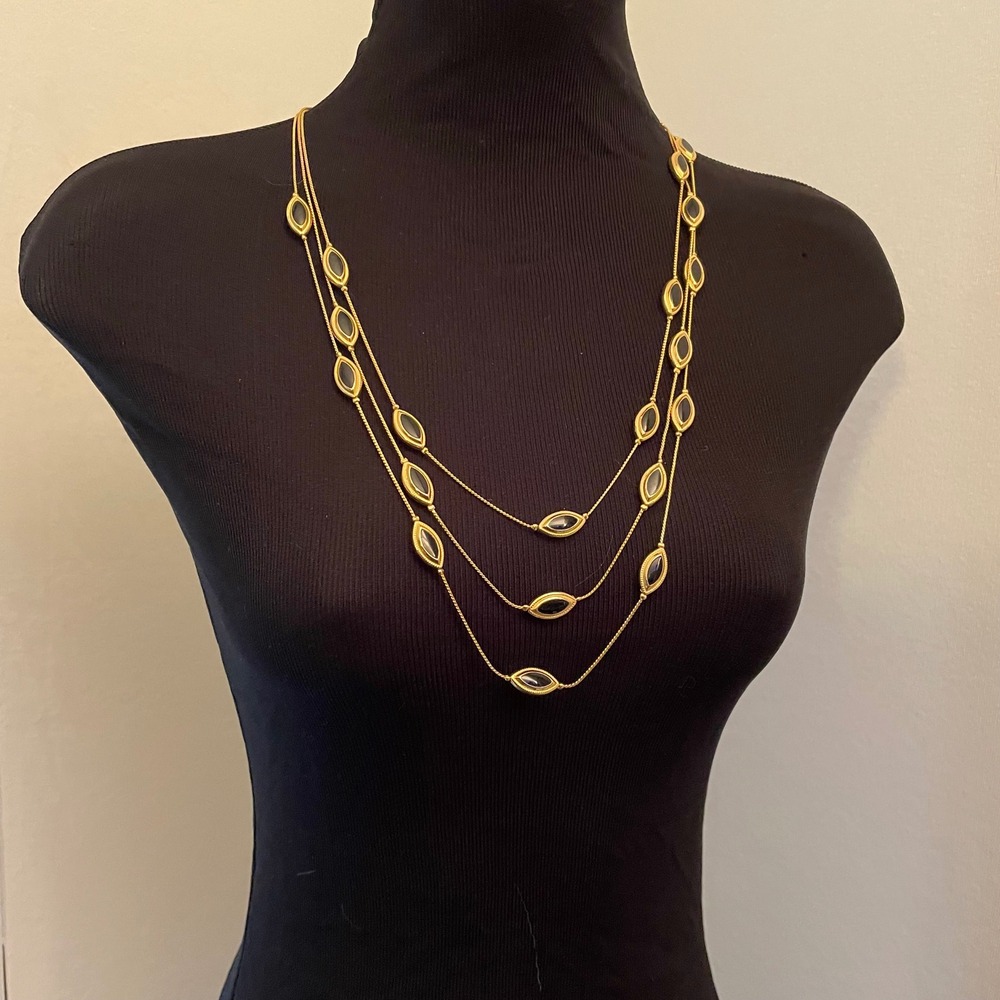 Vintage Gold Tone Triple Strand Layered Necklace Black Marquise‎ Station